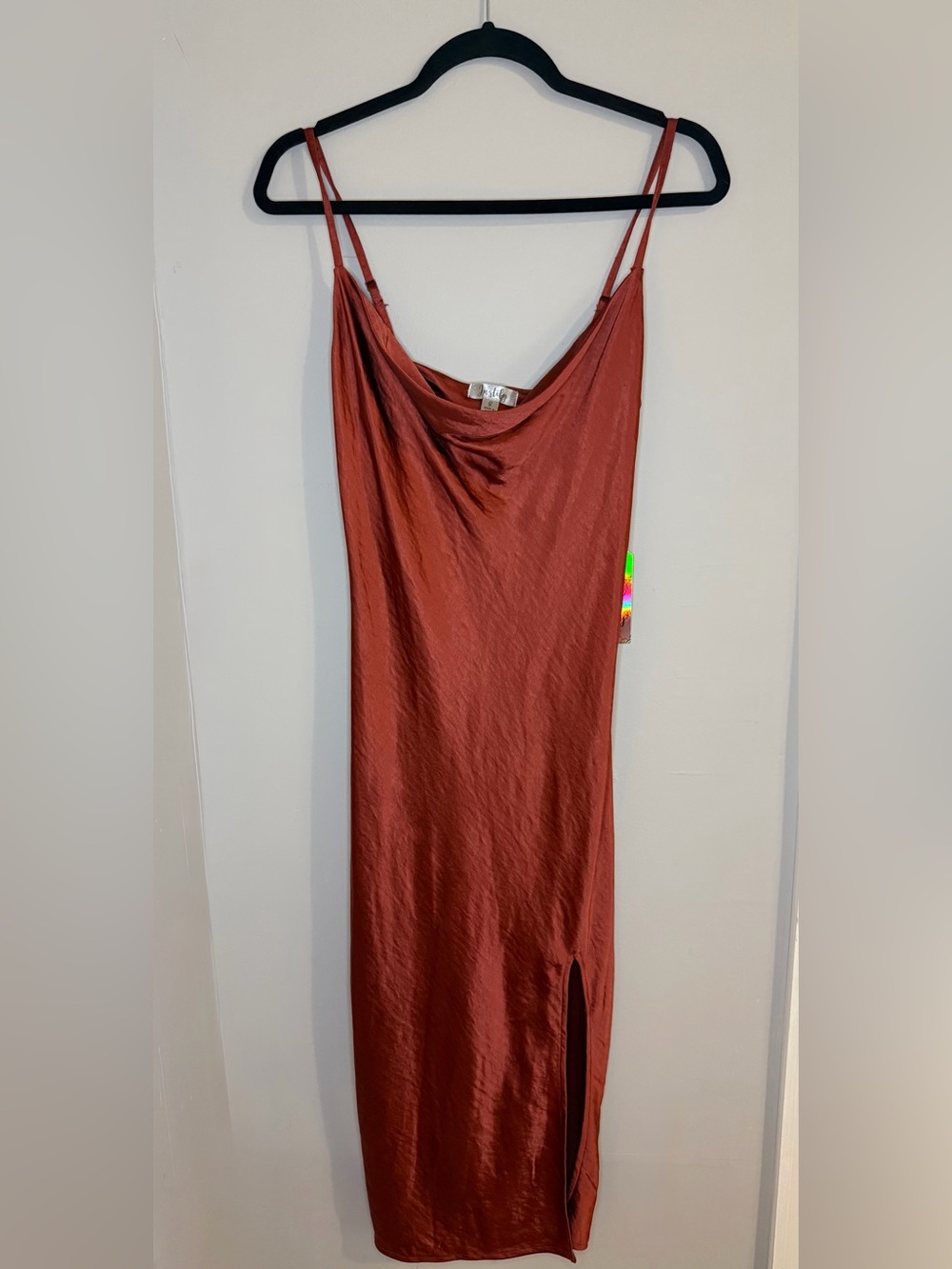 Justify Rust Satin Slip Dress Cowl Neck Side Slit Adjustable Straps NWT Small